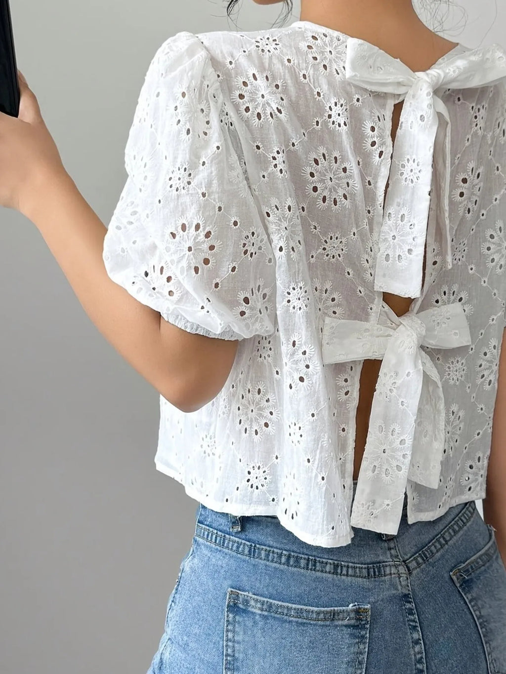 Eyelet Puff Tie-Back Blouse
