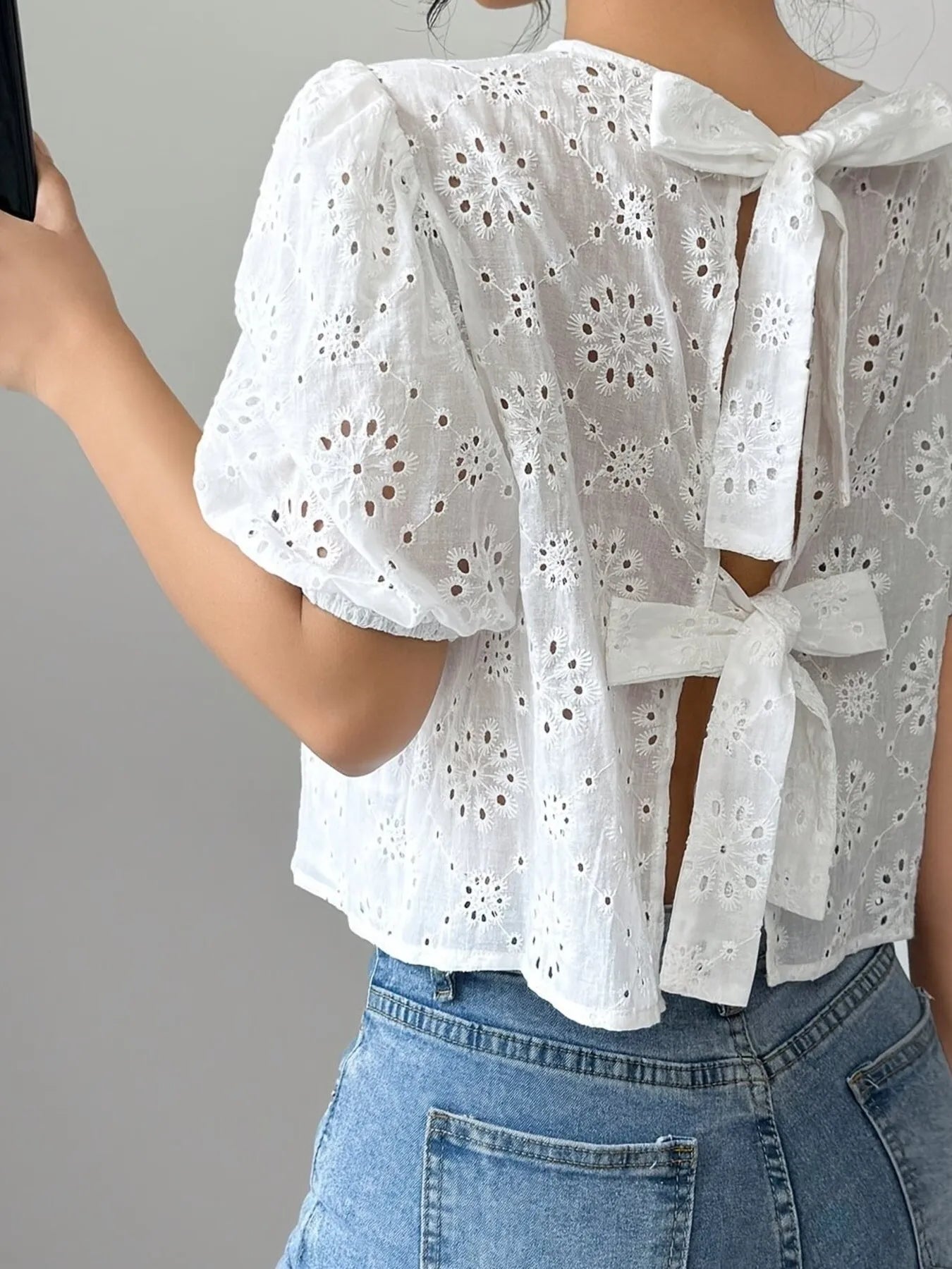 Eyelet Puff Tie-Back Blouse