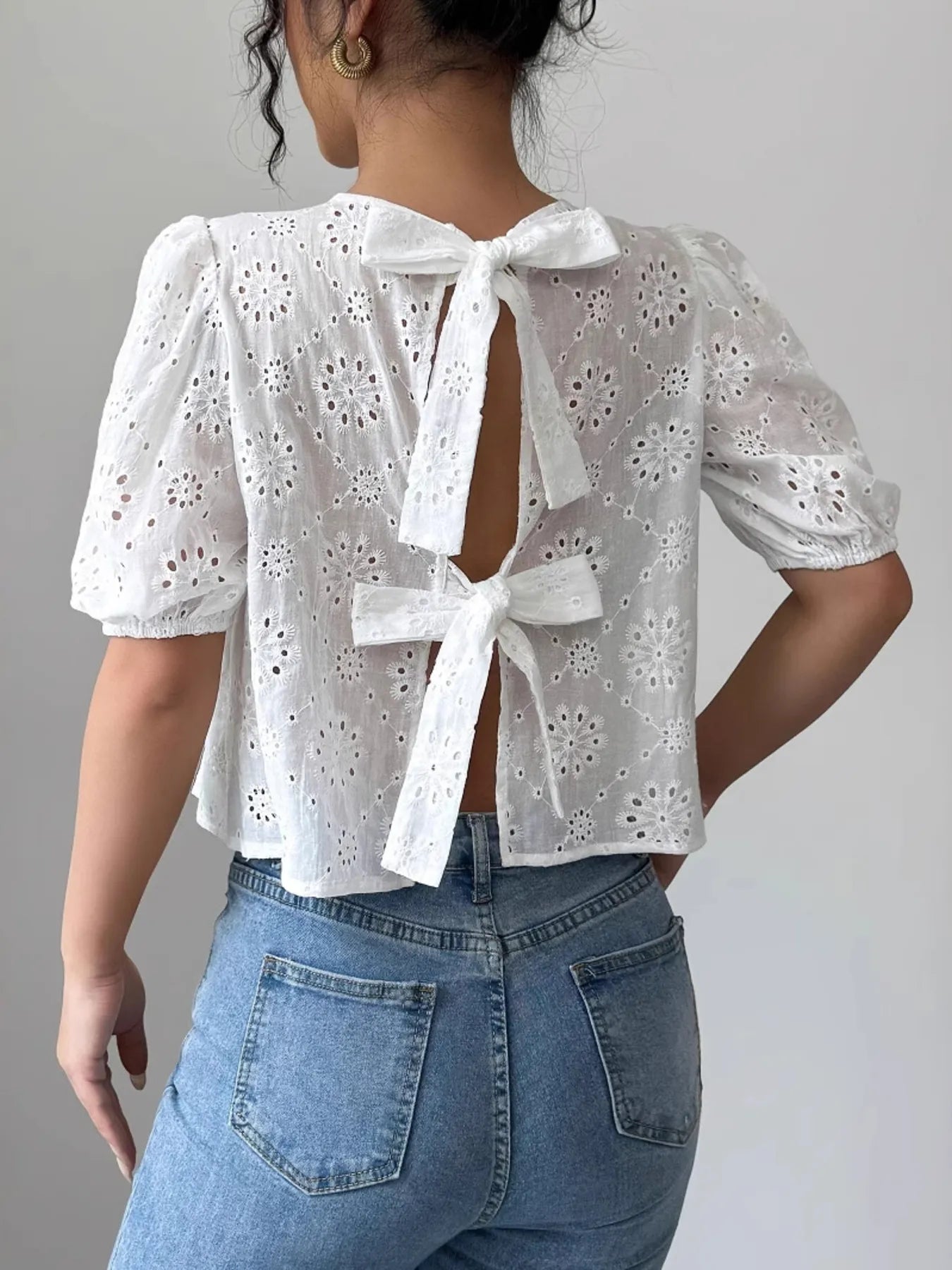 Eyelet Puff Tie-Back Blouse