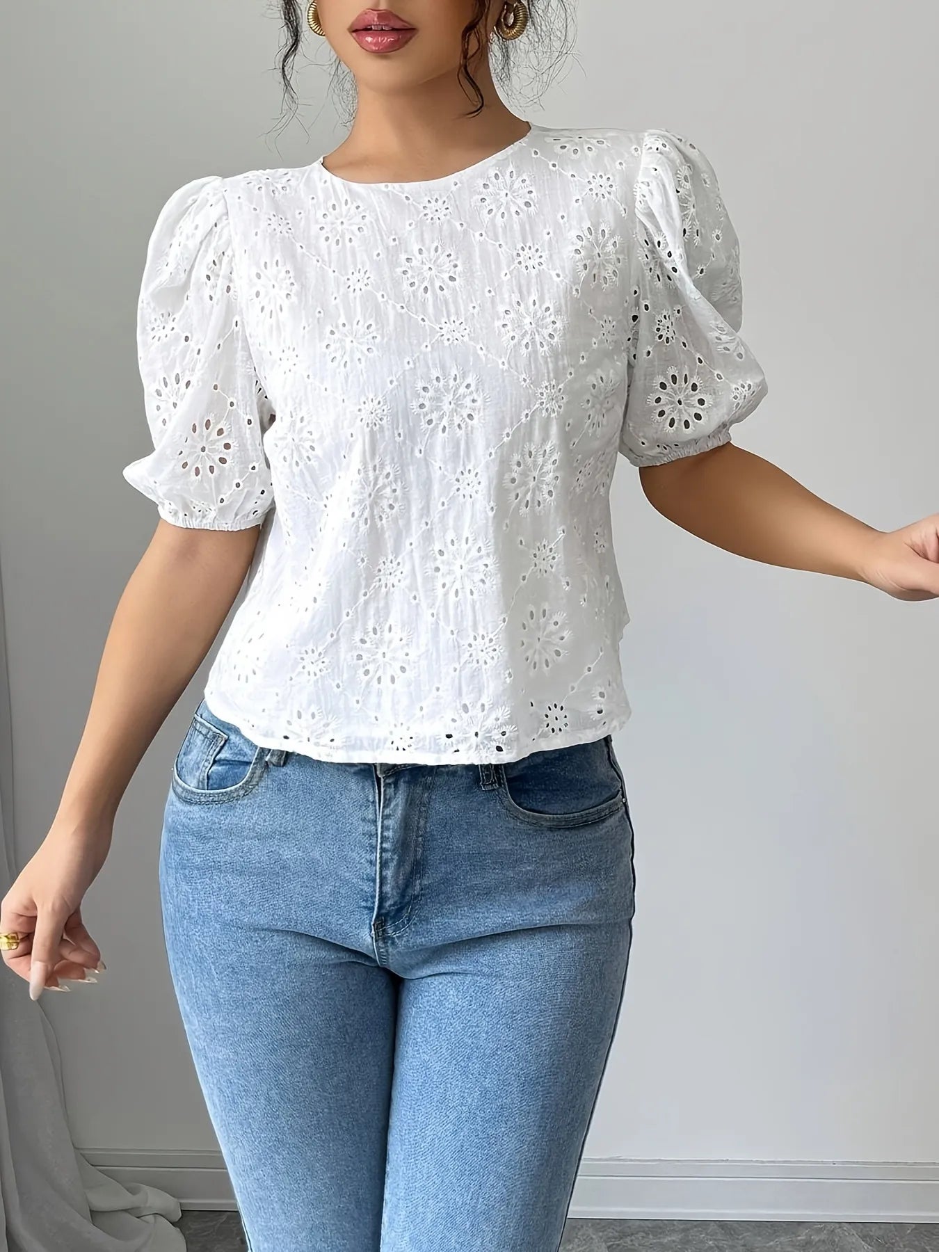 Eyelet Puff Tie-Back Blouse
