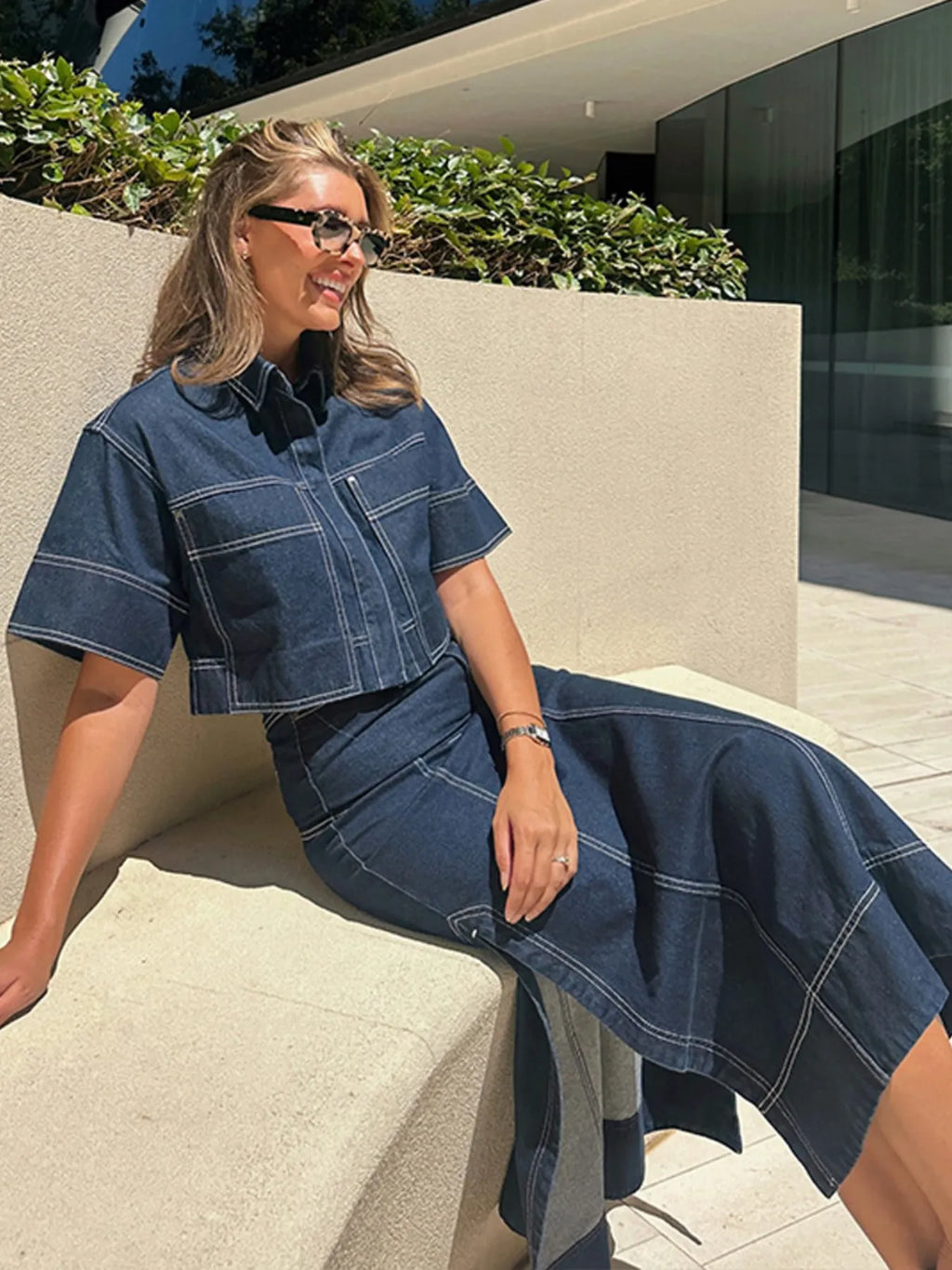 Cropped Stitch Denim Top