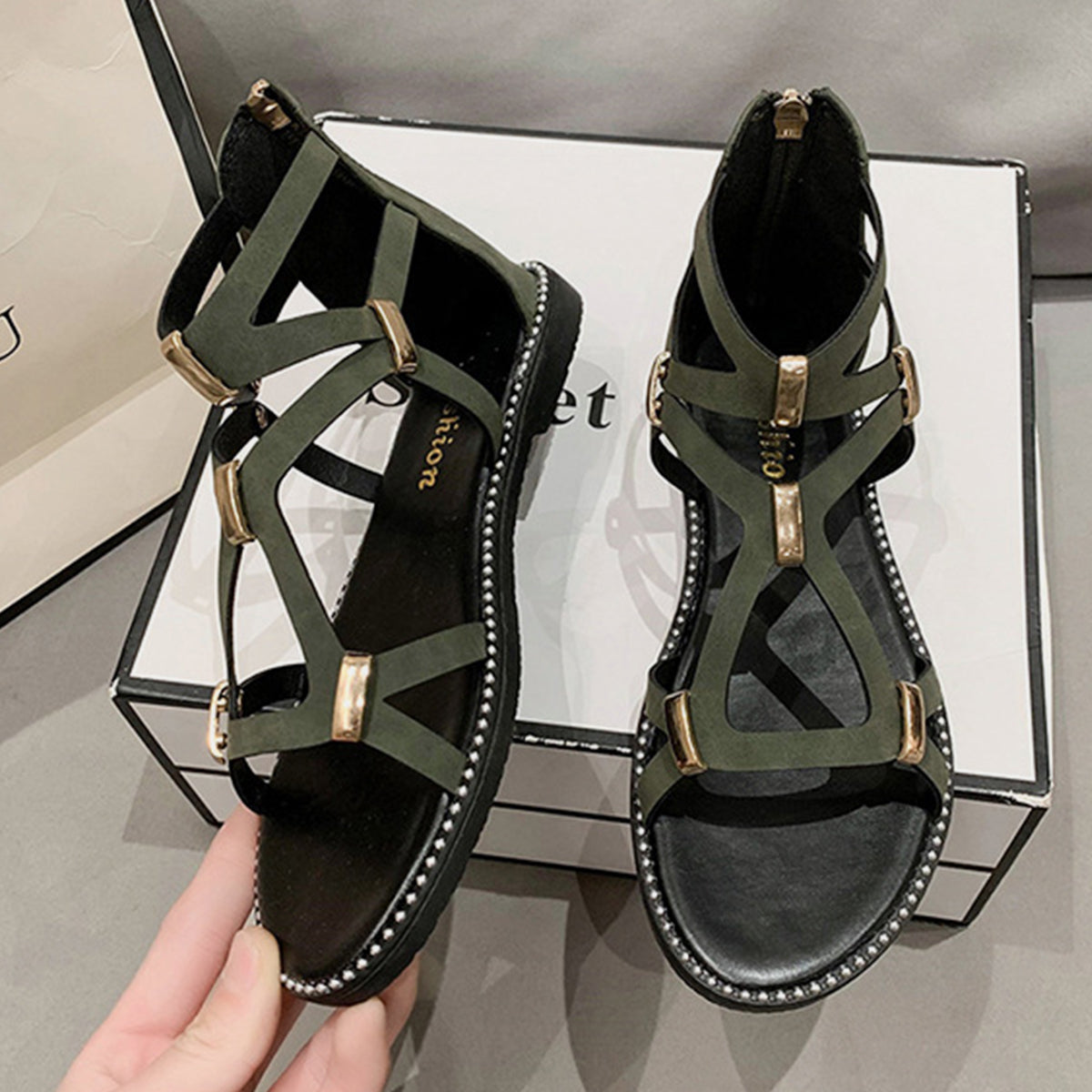 Open Toe Back Zipper Sandals