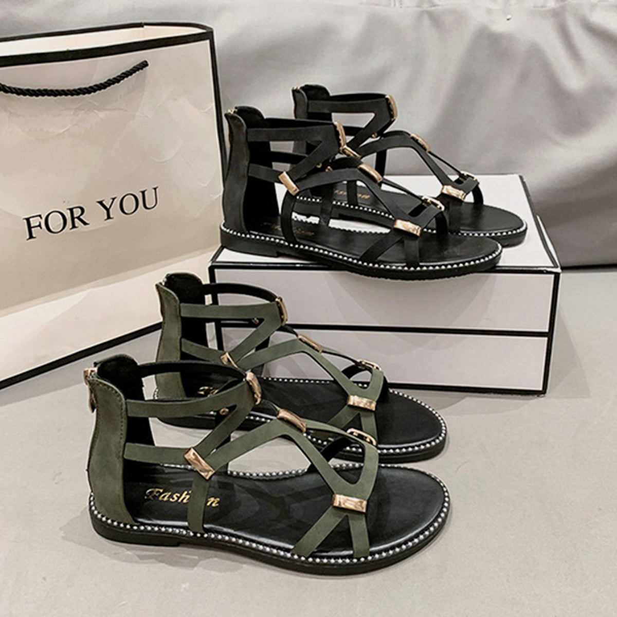 Open Toe Back Zipper Sandals